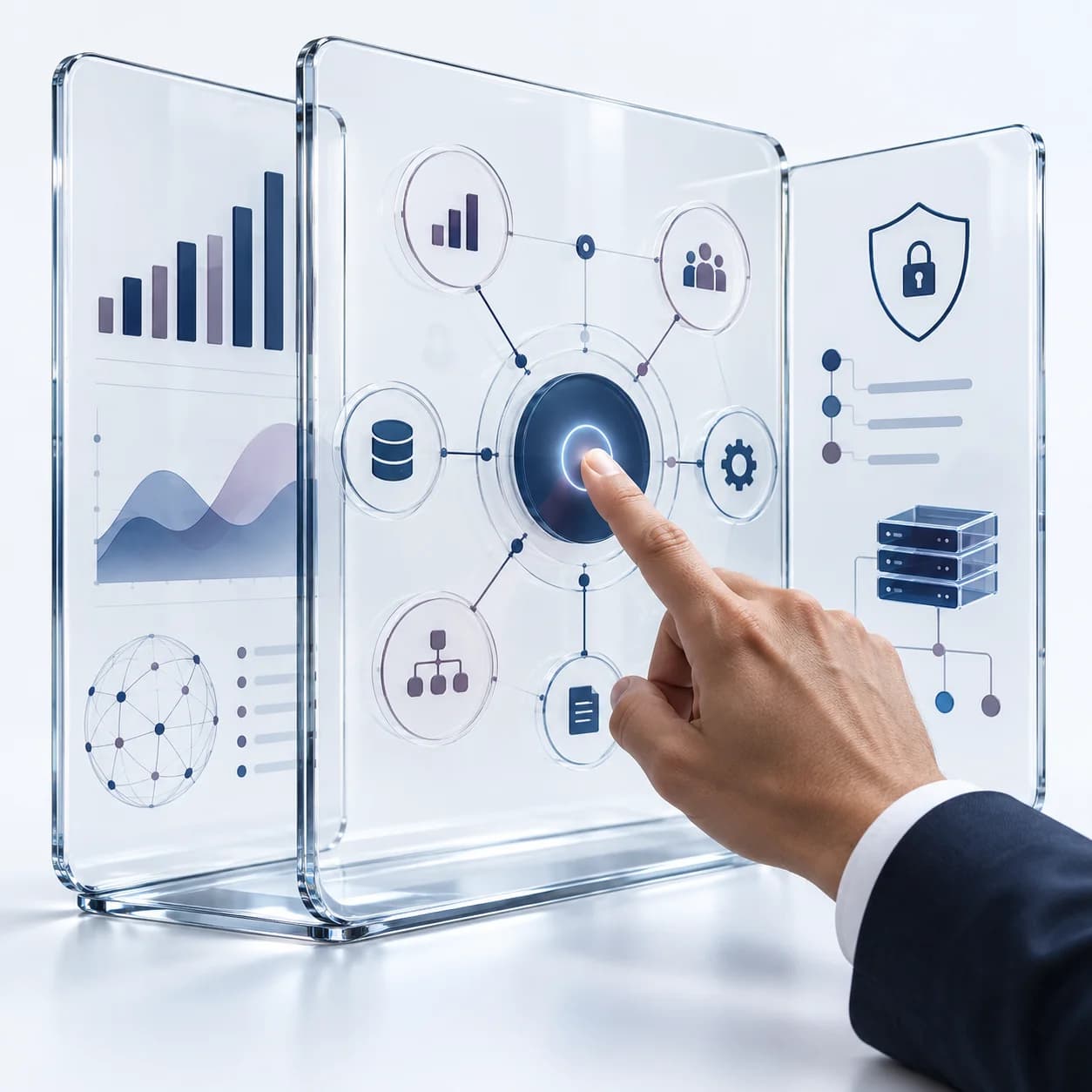 Conceptual human hand activating a glass AI decision system connecting analytics, data, automation and security.